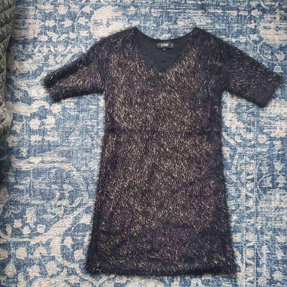 Simons Black and Gold Textured Mini Dress
